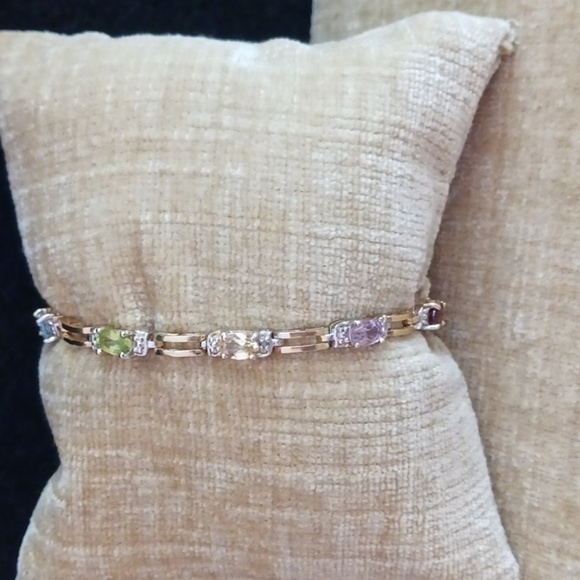FAS 925 Gold Multi Colored Rhinestone Link Bracelet - Picture 1 of 7